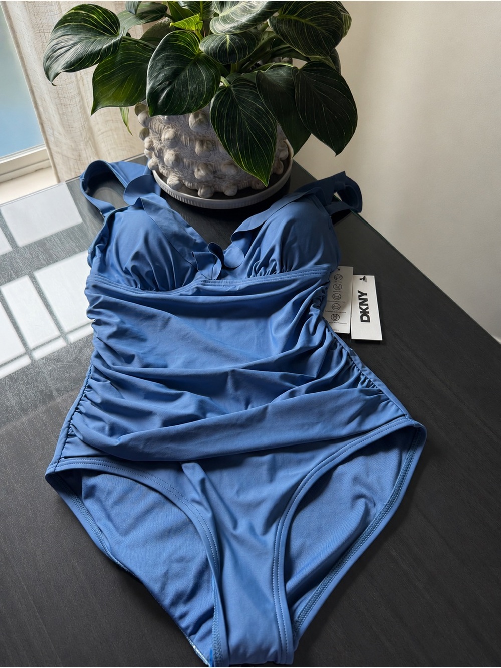 DKNY Dusty Blue Ruffle V-Neck One-Piece Swimsuit